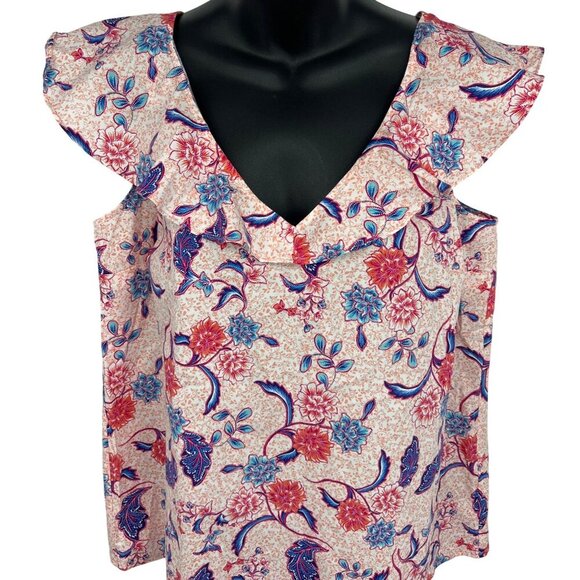 Halston Floral Ruffle V-Neck Sleeveless Top Batik Blossom Women Size Large L - Picture 2 of 10